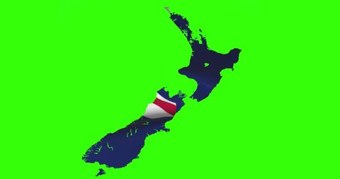 New Zealand country shape outline on green screen with national flag waving animation