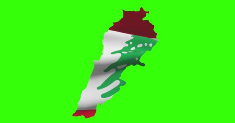 Lebanon country shape outline on green screen with national flag waving animation
