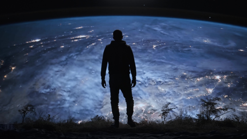 Silhouette Of A Desperate Man In Front Of Night Earth Contemplating Human Self Destruction New World Order Environment Financial Crisis Desperation Red Epic 8k | Shutterstock HD Video #1090803387