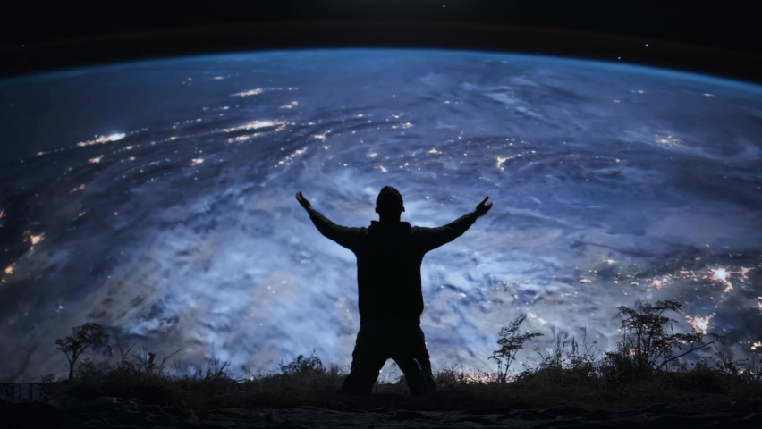 Silhouette Of A Desperate Man In Front Of Night Earth Contemplating Human Self Destruction New World Order Environment Financial Crisis Desperation Red Epic 8k | Shutterstock HD Video #1090803387