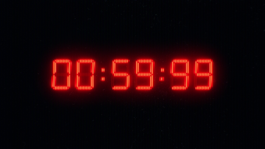 One minute of Red Glowing LCD Digital Clock Timer on Black Background. 60 Seconds Led Flashing Numbers Stopwatch. LCD display or CRT monitor Screen. 30 or 10 seconds Royalty-Free Stock Footage #1090803691
