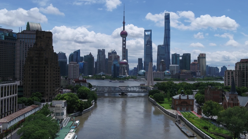 The Sunny Oriental Pearl Tower on the Bund in Shanghai Royalty-Free Stock Footage #1090805213