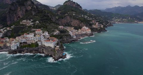 Popular Amalfi Coast Stretching Along The Cliffside Of Positano Village In Italy. Wide Aerial