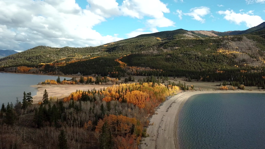 Aerial View of Fairytale Landscape of Twin Lakes, Colorado USA, Colorful Forest, Beaches and Beautiful Sky, Drone Shot