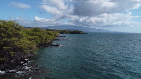 4K cinematic zoom drone shot right next to trees on the lava-rock riddled coast near Kona on the Big Island of Hawaii. This scene, with the volcano in the background, was filmed using a DJI Mini 2.