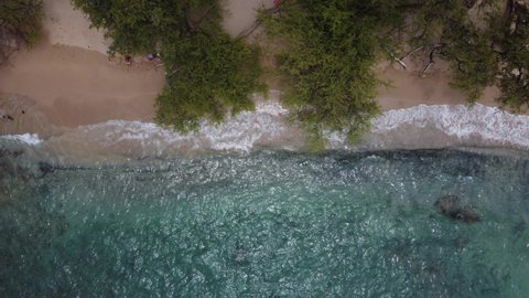 4K cinematic overhead drone shot of crystal clear waves crashing on Waialea Beach (Beach 69) near Kona on the Big Island of Hawaii. This tropical scene was filmed using a DJI Mini 2 drone.