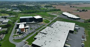 High, aerial view of large Rock Lititz complex. Warehouse, hotel, and studios for live production and entertainment industry leader in Lititz, Pennsylvania.