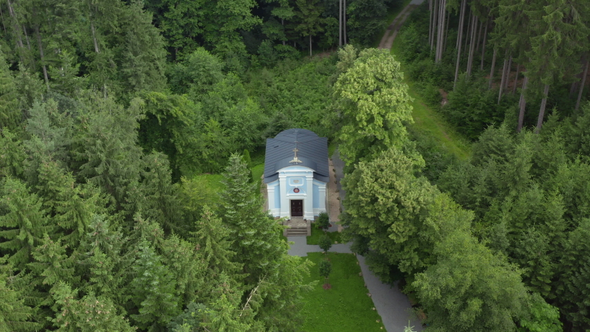 Our Lady of Lourdes chapel in Dřízeň in moravian forests, drone shot.