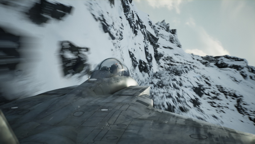 Military airplanes, fighter planes flying fast in the mountains. Beautiful mountain snow-covered landscape. Extreme flights. War in Ukraine. Stop the war. 3D rendering. High quality 4k footage