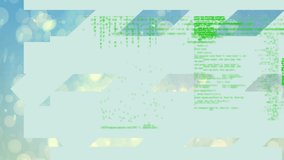 Animation of green data processing over blue and white abstract background. global connections, data processing and interface technology concept digitally generated video.