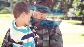 Animation of flag of honduras over happy caucasian soldier mother and her son embracing. patriotism, family and celebration concept digitally generated video. - Powered by Shutterstock - Get 15% off with code: PIKWIZARD15