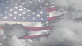 Animation of clouds moving over waving flag of america, sunlight and blue sky. patriotism, independence and celebration concept digitally generated video.
