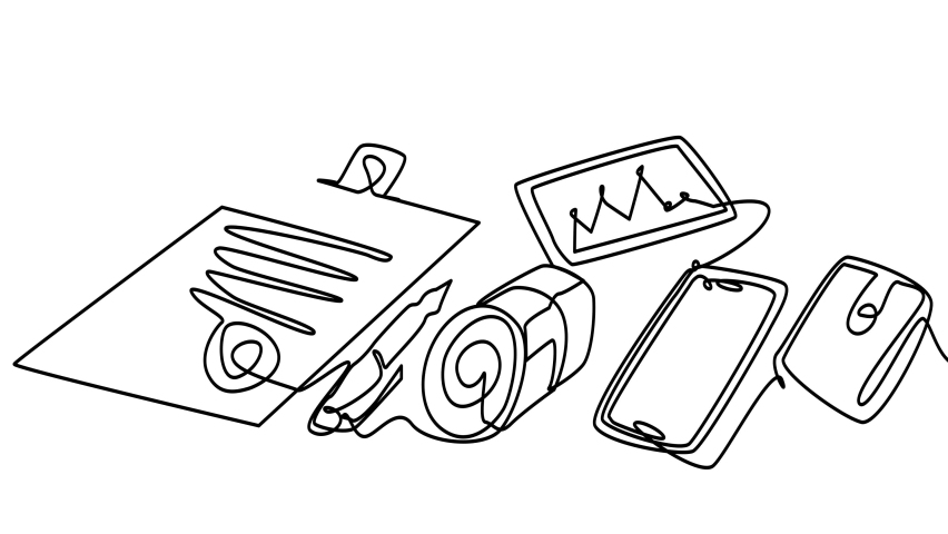 Self-drawing a workspace in a single line on a white screen. Animation of documents, smartphone, seal, wallet. 4k whiteboard video for presentation about business.
