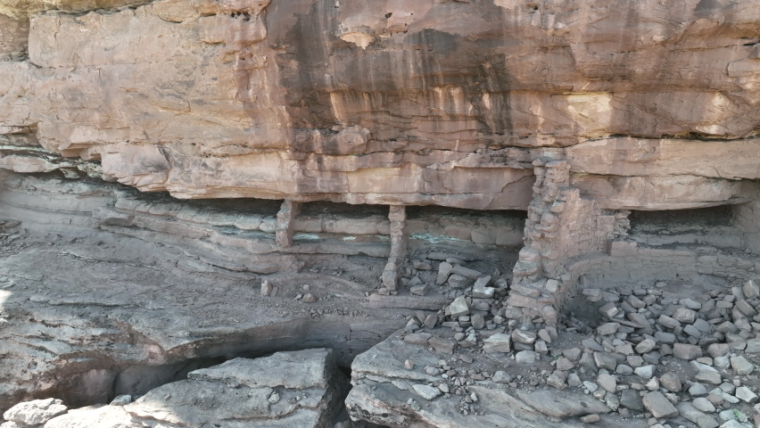 Aerial cliff Indian dwelling south Utah pan. Montezuma Canyon southern Utah. Ancient native American, Indian dwelling, kiva, house, cliff dwelling, granary, rock art. Ute and Navajo tribes.