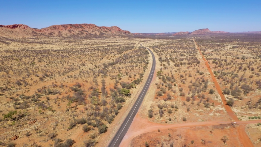 Australia outback desert road aerial near West MacDonnell National Park, Alice Springs, Northern Territory