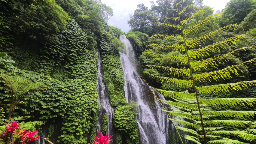 Banyumala Twin Waterfalls, Bali Island, Indonesia. Breathtaking Falls and Natural Pool in Tropical Jungle, Popular Tourist Atttaction