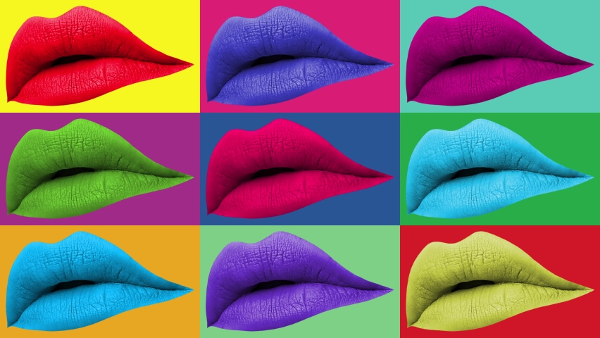 Modern creative concept video 4K.Contemporary art background with colored lips and with geometric elements.Digital GIF texture backdrop.Trendy art, zine culture.Modern template for pop art, modernism. Royalty-Free Stock Footage #1090822061