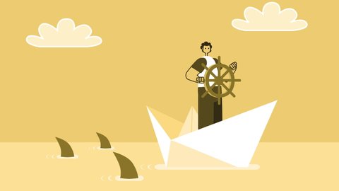 Yellow Style Man Flat Character Sailing Away from Sharks on Paper Boat. Isolated Loop Animation