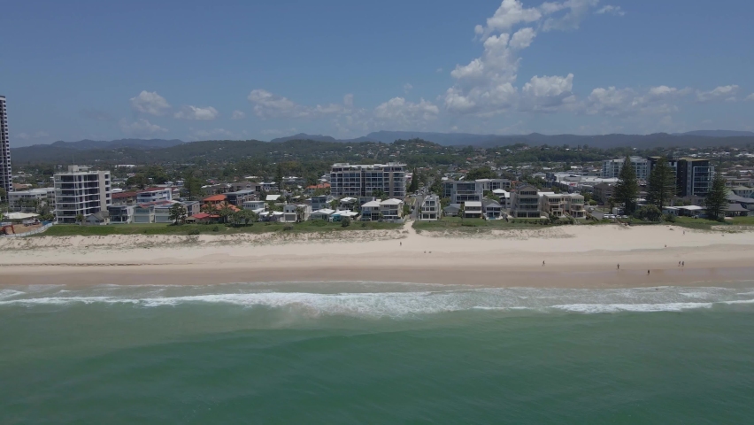 Coastal Suburb Of Palm Beach In The City Of Gold Coast, Queensland, Australia. Forward Drone Shot
