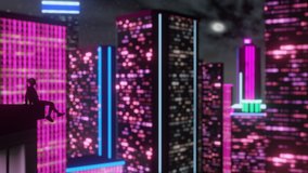 Silhouette of a woman sitting on the edge of a skyscraper, neon coloted night city. 3d Synthwave animated background. Seamless loop.