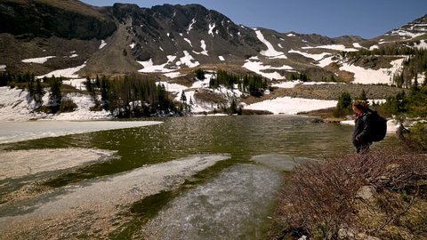 A hiker stands at the shore of Lakes of the Clouds in the Sangre de Cristo Mountains