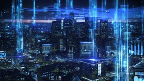 Digital Technology Concept Over Aerial View of Los Angeles. Skyline of Modern City with Abstract Futuristic Network Connections and Financial Charts. Internet of Things, Augmented Realty. - Powered by Shutterstock - Get 15% off with code: PIKWIZARD15