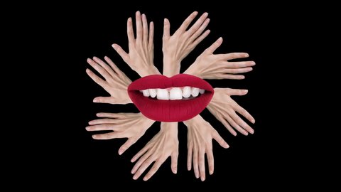 Cutout female hands made into a hypnotic circular pattern with red lips in the middle