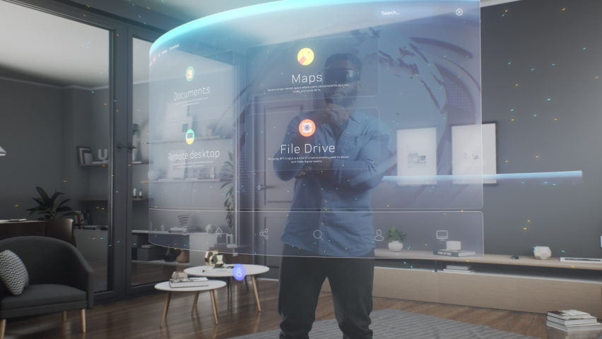 Person in virtual reality headset uses online app with holographic interface, world map in cyberspace of metaverse, at home or office interrior. Royalty-Free Stock Footage #1090841889