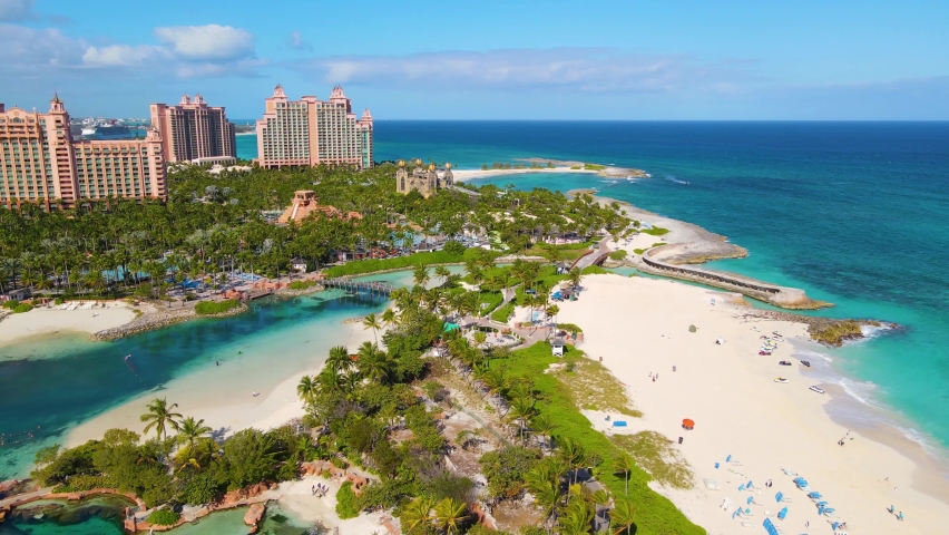 Paradise Beach aerial view on Paradise Island, Bahamas. Royalty-Free Stock Footage #1090843759