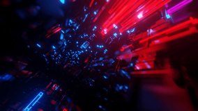Hi-tech neon sci-fi tunel. Trendy neon glow lines form pattern and construction in mirror tunnel. Fly through technology cyberspace. Complex technological structures. 3d looped seamless 4k bright bg.