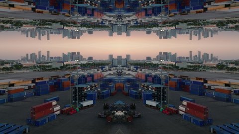 Stacked overseas containers in cargo harbour and high rise buildings in background against pink twilight sky. Abstract computer effect digital composed footage.