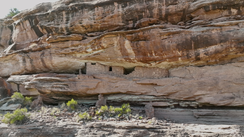 Aerial Indian cliff dwelling south Utah. Montezuma Canyon southern Utah. Ancient native American, Indian dwelling, kiva, house, cliff dwelling, granary, rock art. Ute and Navajo tribes.