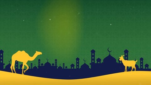 Eid Mubarak card with moon, lanterns, stars and fireworks on green islamic pattern background. Can be use for eid greeting cards. Eid Al Adha greetings card.