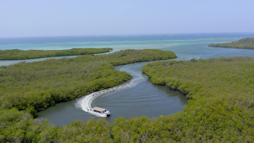 Tourist boat cruises in coastal mangroves of Monte Cristi National Park Royalty-Free Stock Footage #1090851613