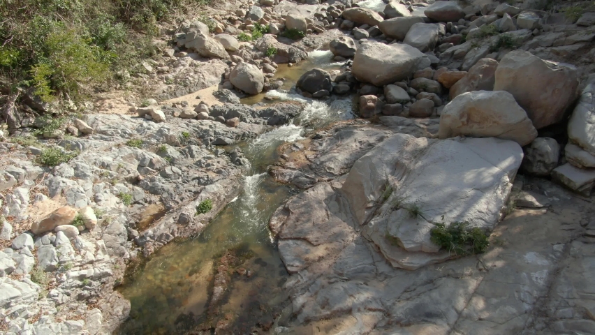 Large Stones And Creek At Yelapa Waterfall On Rainforest In Jalisco, Mexico. Pullback