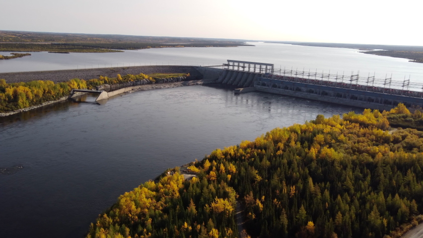 Aerial view around LG1 hydroelectric power plant Eeyou Istchee Baie-James Quebec Canada