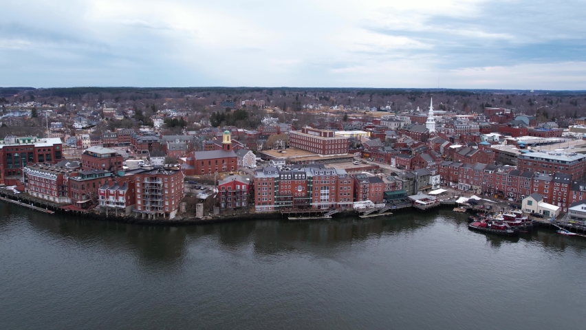 Aerial View of Portsmouth, New Hampshire USA, Riverfront Buildings and Cityscape Skyline, Drone Shot