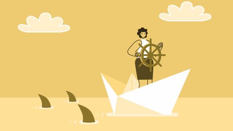 Yellow Style Woman Flat Character Sailing Away from Sharks on Paper Boat. Isolated Loop Animation