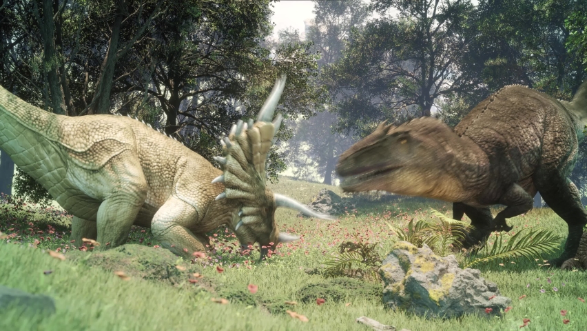 Fight Giganotosaurus vs Triceratops 3D Rendering Animation Dinosaurs 4K Cgi Royalty-Free Stock Footage #1090855381