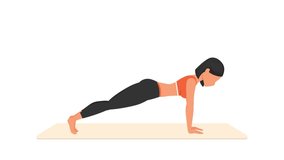 Diagonal plank exercise tutorial. Female workout on mat. Fitness woman exercising. Looped 2D animation with young girl character training. Sport and healthy lifestyle concept.