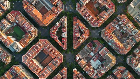 Aerial view of typical buildings of Barcelona cityscape. Eixample residential famous urban grid. Catalonia, Spain Stock Video