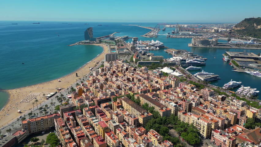 La Barceloneta aerial view. Barcelona city Skyline. Catalonia, Spain