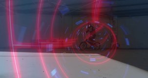 Animation of digital tunnel over caucasian man cycling. international youth day and celebration concept digitally generated video.