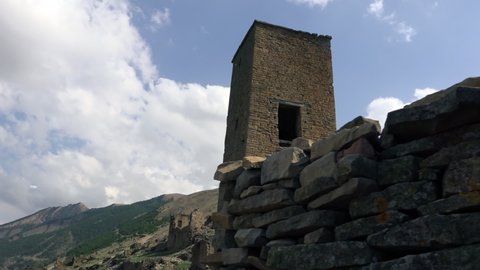 View of ancient stone watchtowers in mountainous village Goor, Dagestan