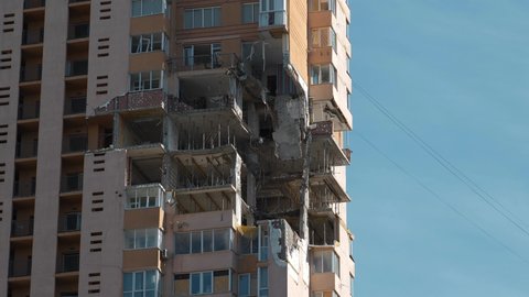 UKRAINE, KYIV, MAY 11, 2022: Russian missile damaged a multi-storey residential building in Kiev on February 26, 2022. Russian aggression. War in Ukraine. Terror and genocide of Ukrainian people