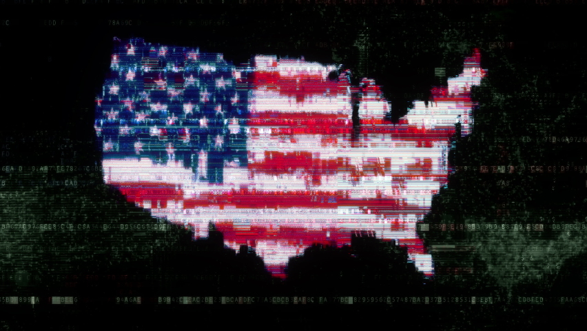 Glitched United States of America flag in silhouette of USA map on abstract digital code loop background. 3D animation concept for national cyber security awareness, safe internet and fraud attacks. Royalty-Free Stock Footage #1090871675