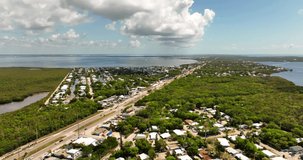 Aerial drone footage residential houses in Key Largo Florida neighborhoods