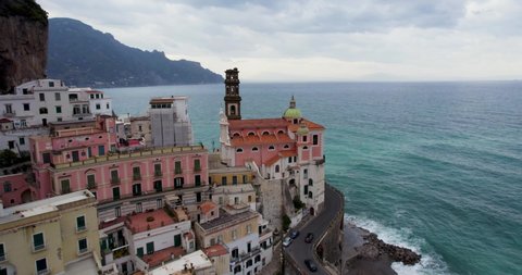 Cliffside Tower Buildings on Beautiful Amalfi Coast in Italy - Aerial Orbit