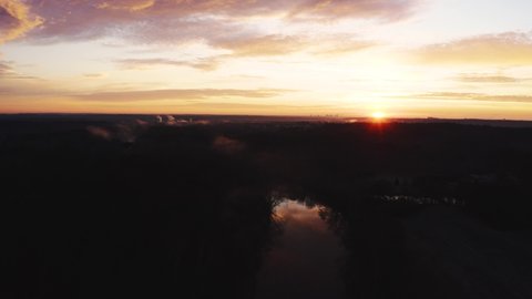 Aerial View of Sunrise Over Foggy Saluda River, South Carolina