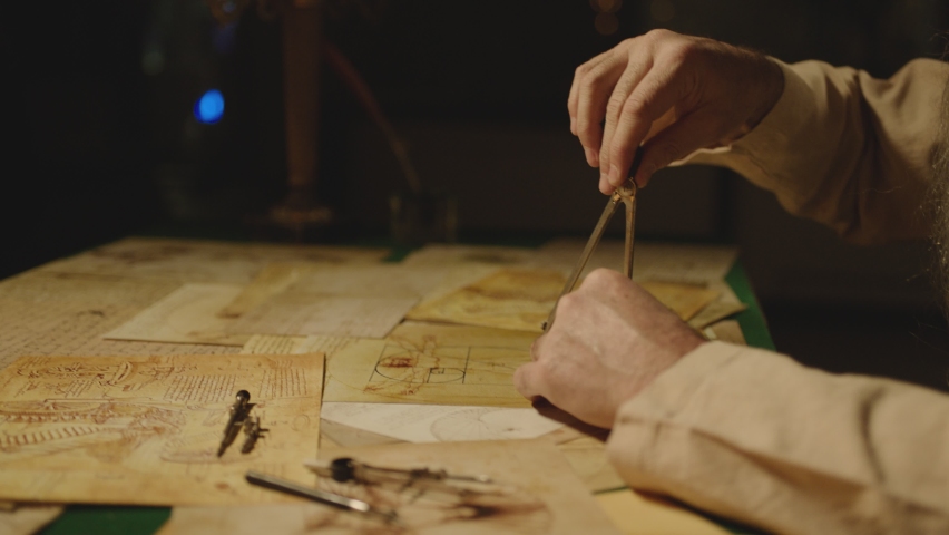 Old man or duplicate of LEONARDO DA VINCI writing , painting , working with divider in vintage designed room . Big drawing of famous artwork . Using , turning compass in Slow motion . 15 -16th century